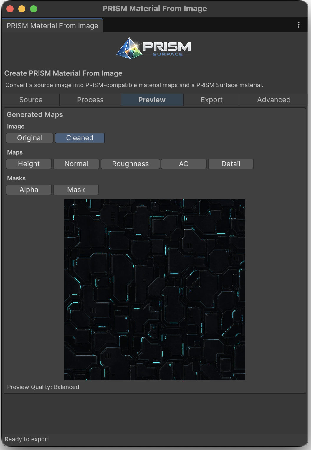 PRISM Material From Image window previewing generated maps for a cyan circuit material.