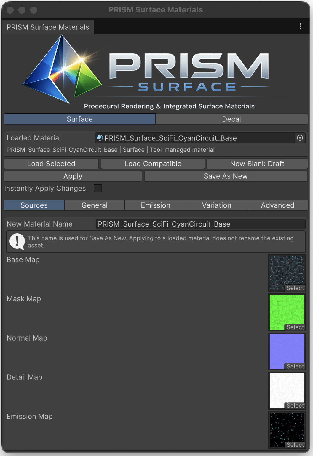 PRISM Surface Materials window showing material source controls and map slots.