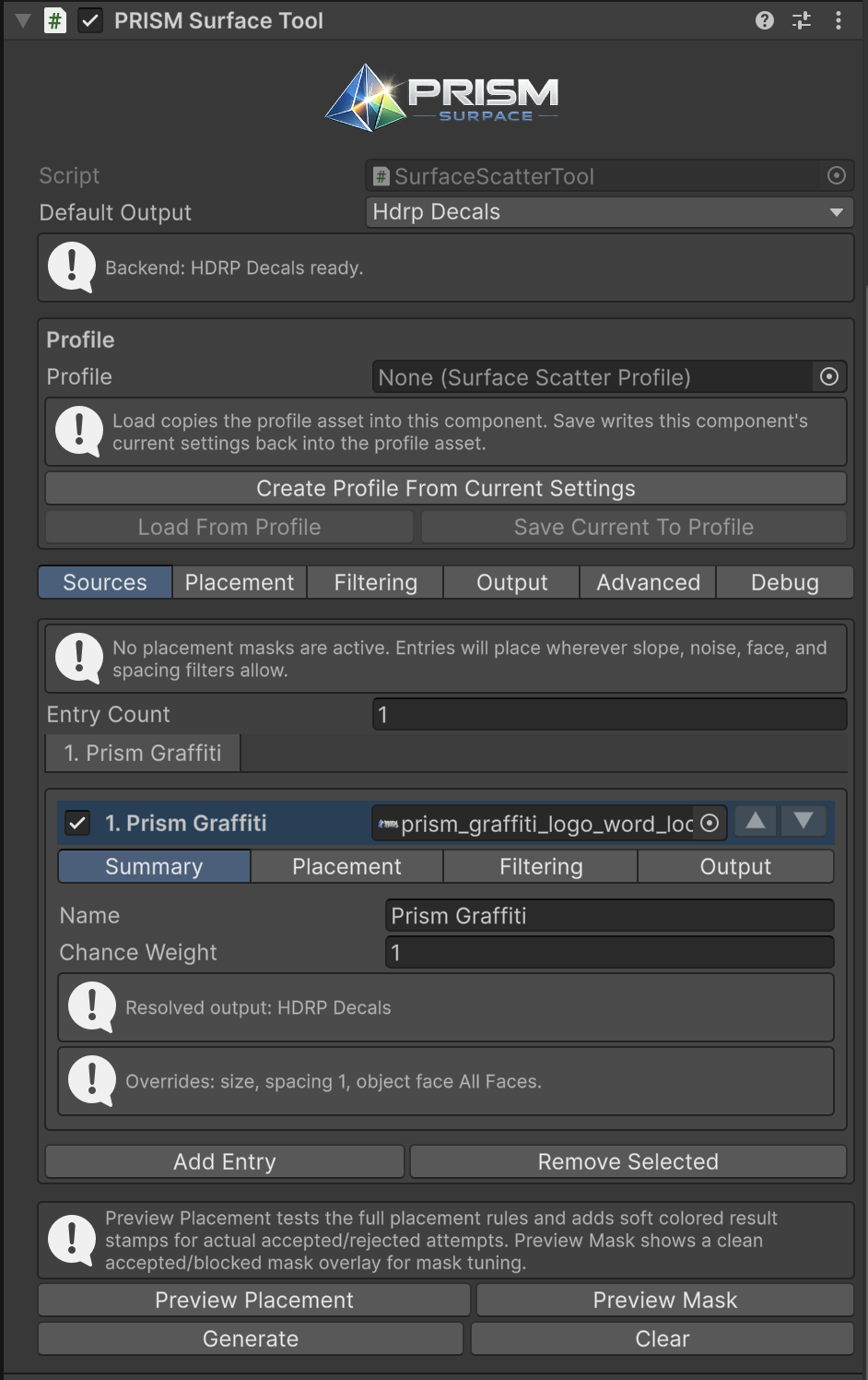 PRISM Surface Tool inspector showing HDRP decal scatter profile and source controls.